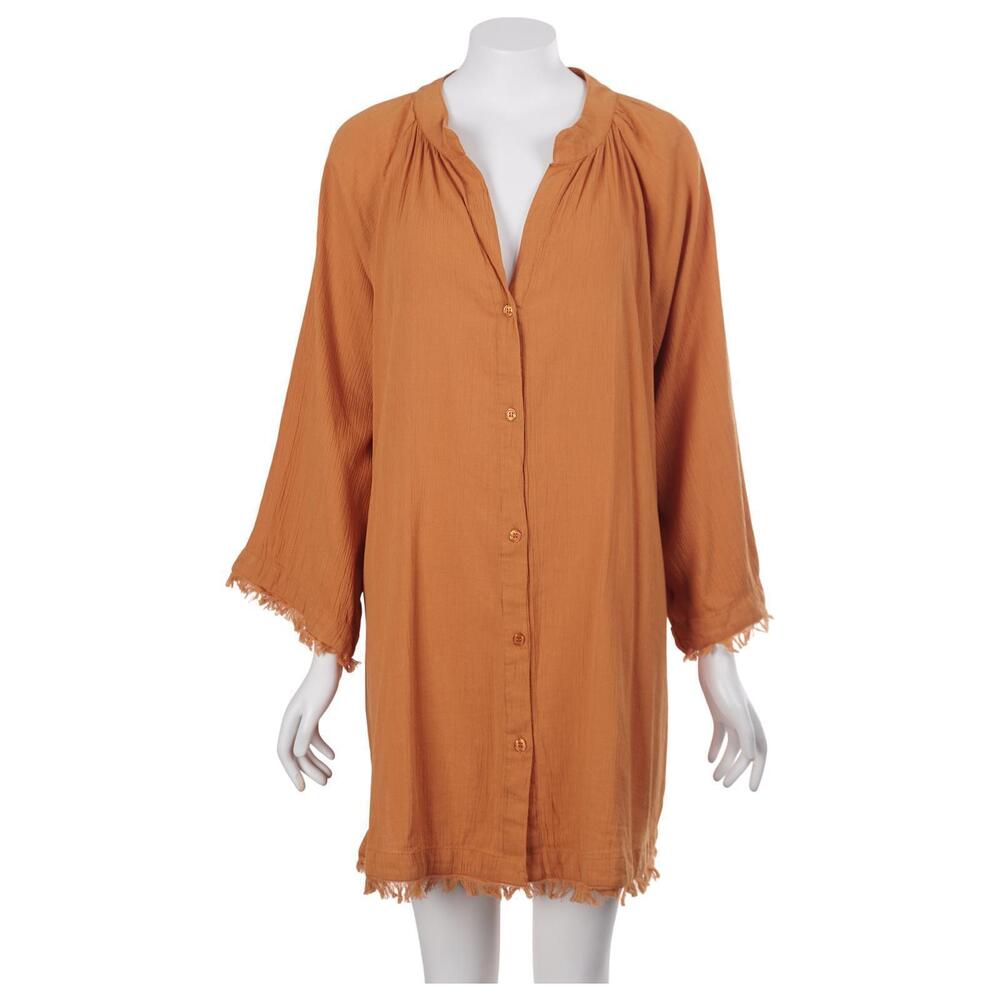 Sanctuary Top M Mustard Orange Cotton Blend Frayed Hem Oversized Button Up Tunic